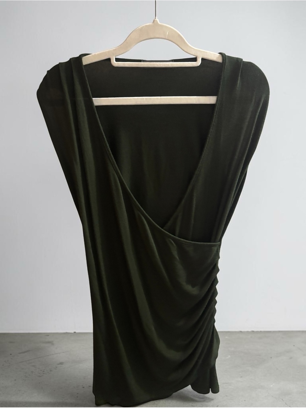 Draped V-Neck Sleeveless Top in Deep Olive Green